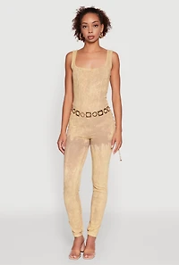 Womens Trendy Acid Wash Sleeveless Square Neck Jumpsuit, Beige,