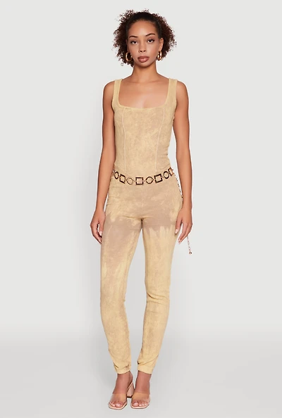 Womens Trendy Acid Wash Sleeveless Square Neck Jumpsuit, Beige, Size L