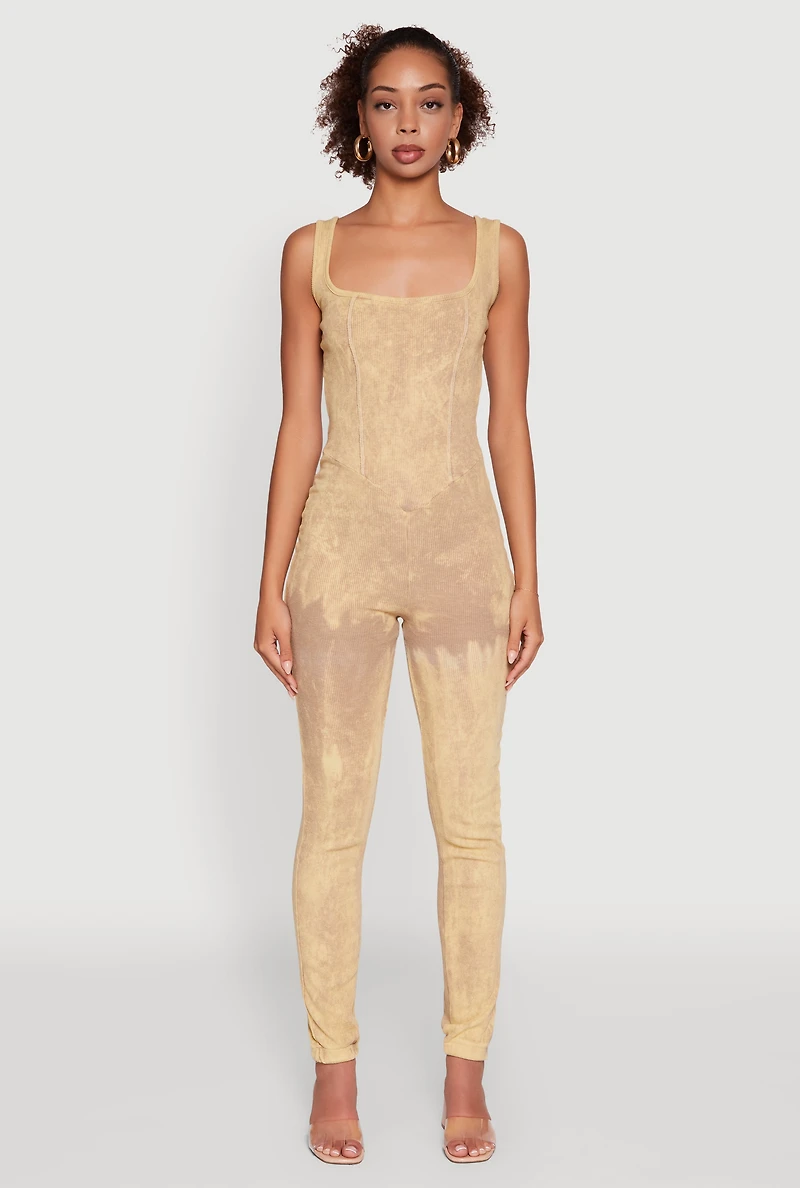 Womens Trendy Acid Wash Sleeveless Square Neck Jumpsuit, Beige, Size M