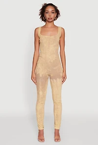 Womens Trendy Acid Wash Sleeveless Square Neck Jumpsuit, Beige, Size M