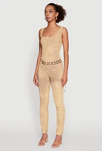 Womens Trendy Acid Wash Sleeveless Square Neck Jumpsuit, Beige, Size M