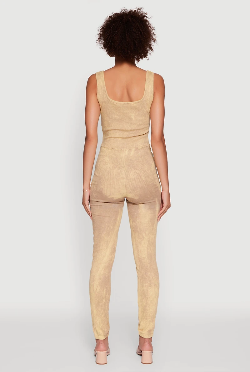 Womens Trendy Acid Wash Sleeveless Square Neck Jumpsuit, Beige, Size M