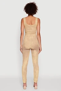 Womens Trendy Acid Wash Sleeveless Square Neck Jumpsuit, Beige, Size M