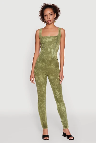 Womens Trendy Acid Wash Sleeveless Square Neck Jumpsuit, Green, Size M