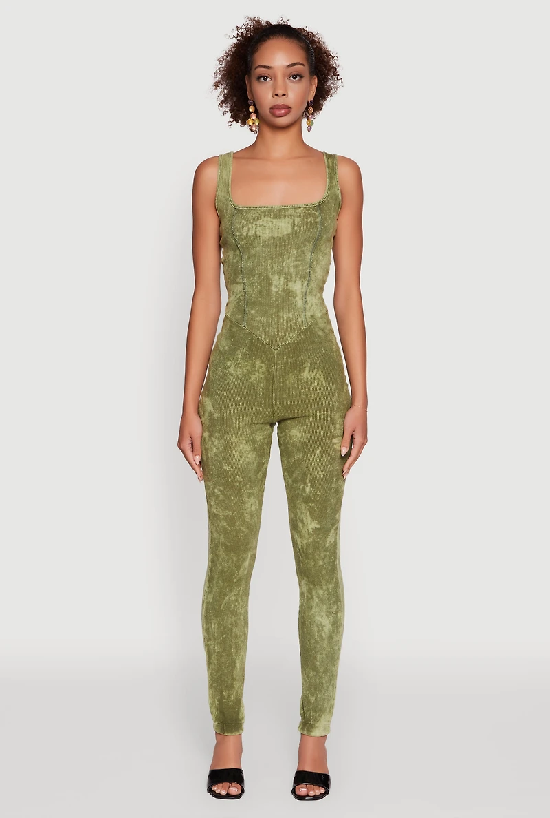 Womens Trendy Acid Wash Sleeveless Square Neck Jumpsuit, Green, Size M
