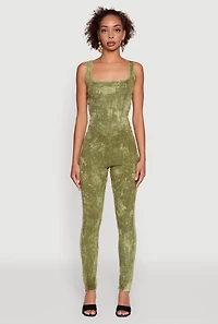 Womens Trendy Acid Wash Sleeveless Square Neck Jumpsuit, Green, Size M