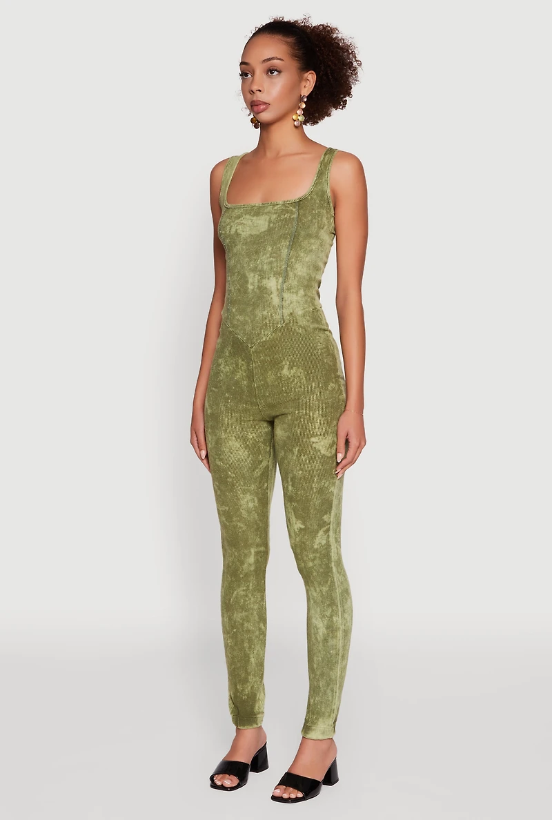 Womens Trendy Acid Wash Sleeveless Square Neck Jumpsuit, Green,