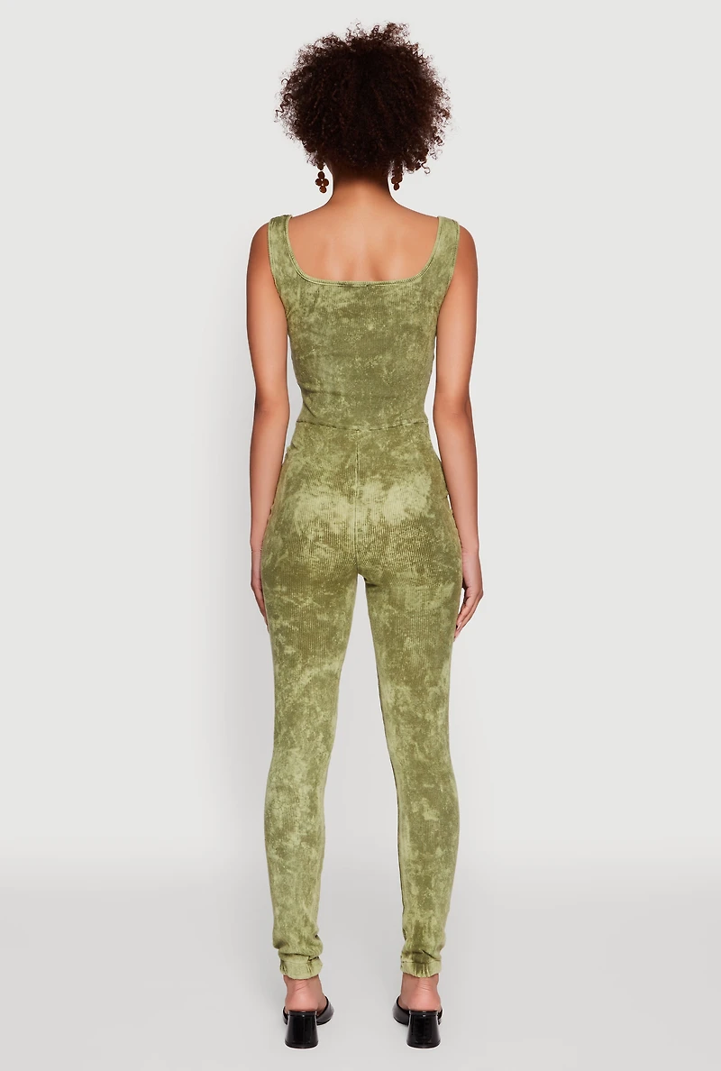 Womens Trendy Acid Wash Sleeveless Square Neck Jumpsuit, Green, Size M