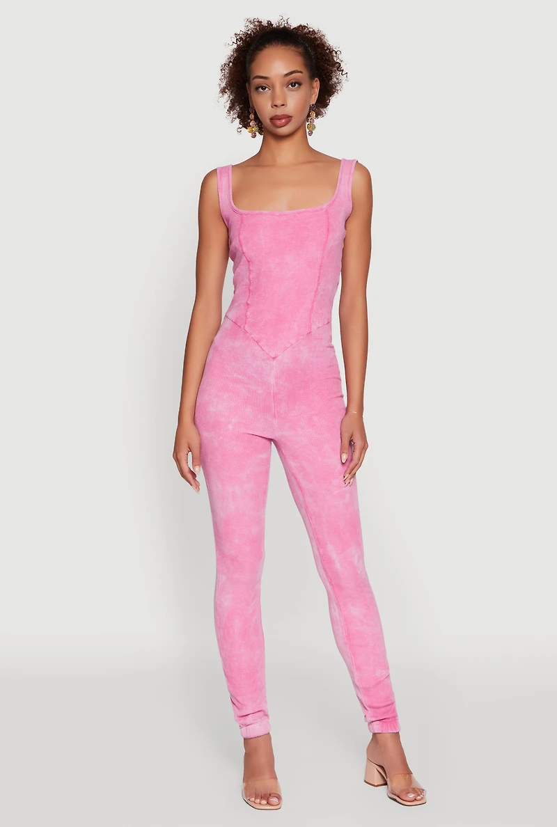 Womens Trendy Acid Wash Sleeveless Square Neck Jumpsuit, Pink, Size XL