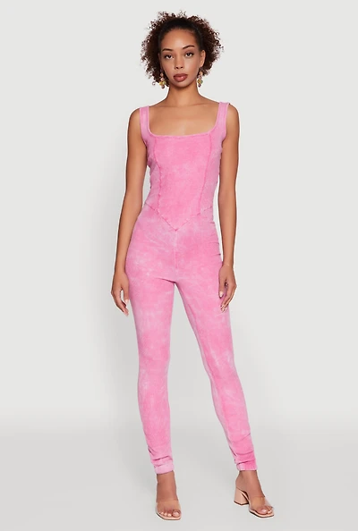 Womens Trendy Acid Wash Sleeveless Square Neck Jumpsuit, Pink, Size XL