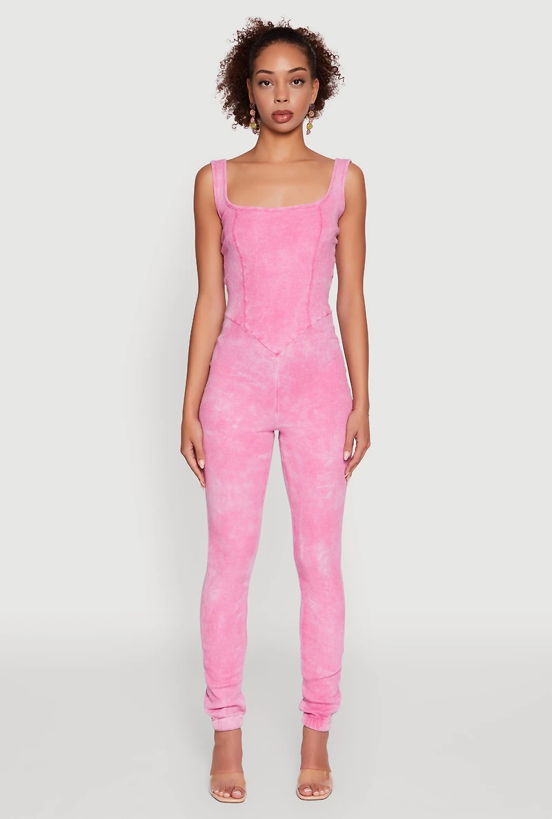 Womens Trendy Acid Wash Sleeveless Square Neck Jumpsuit, Pink, Size XL