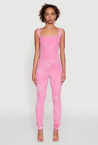 Womens Trendy Acid Wash Sleeveless Square Neck Jumpsuit, Pink, Size XL