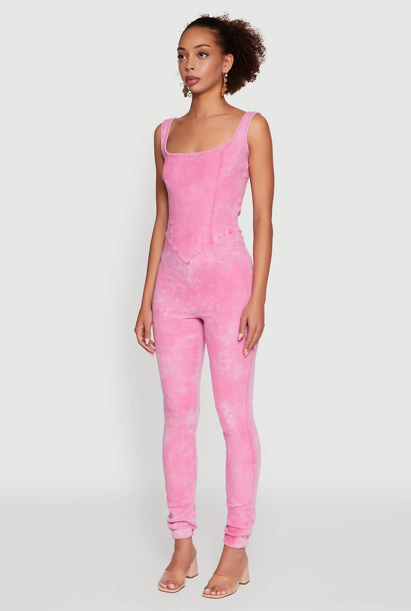Womens Trendy Acid Wash Sleeveless Square Neck Jumpsuit, Pink, Size XL