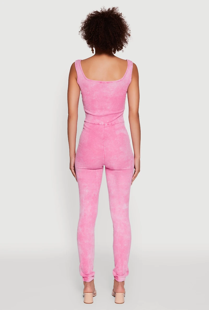 Womens Trendy Acid Wash Sleeveless Square Neck Jumpsuit, Pink, Size XL