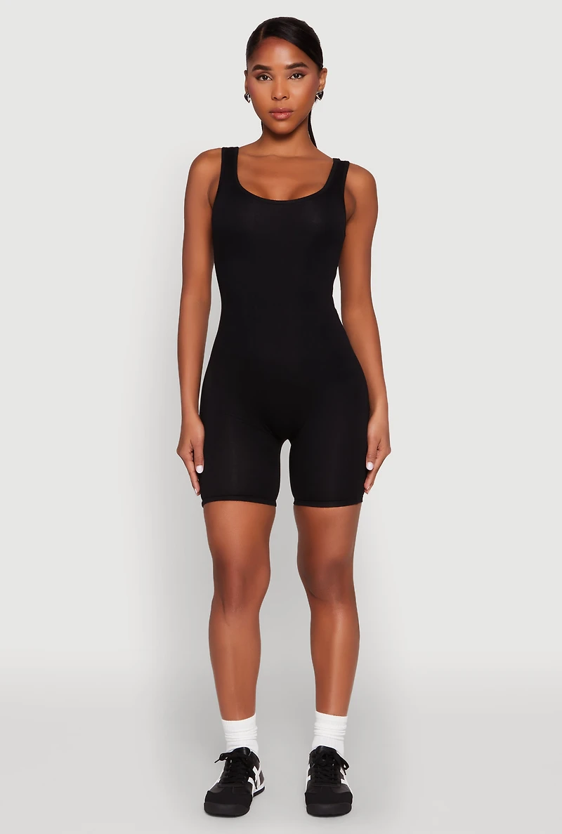 Womens Scoop Neck Tank Biker Romper, Black, Size M
