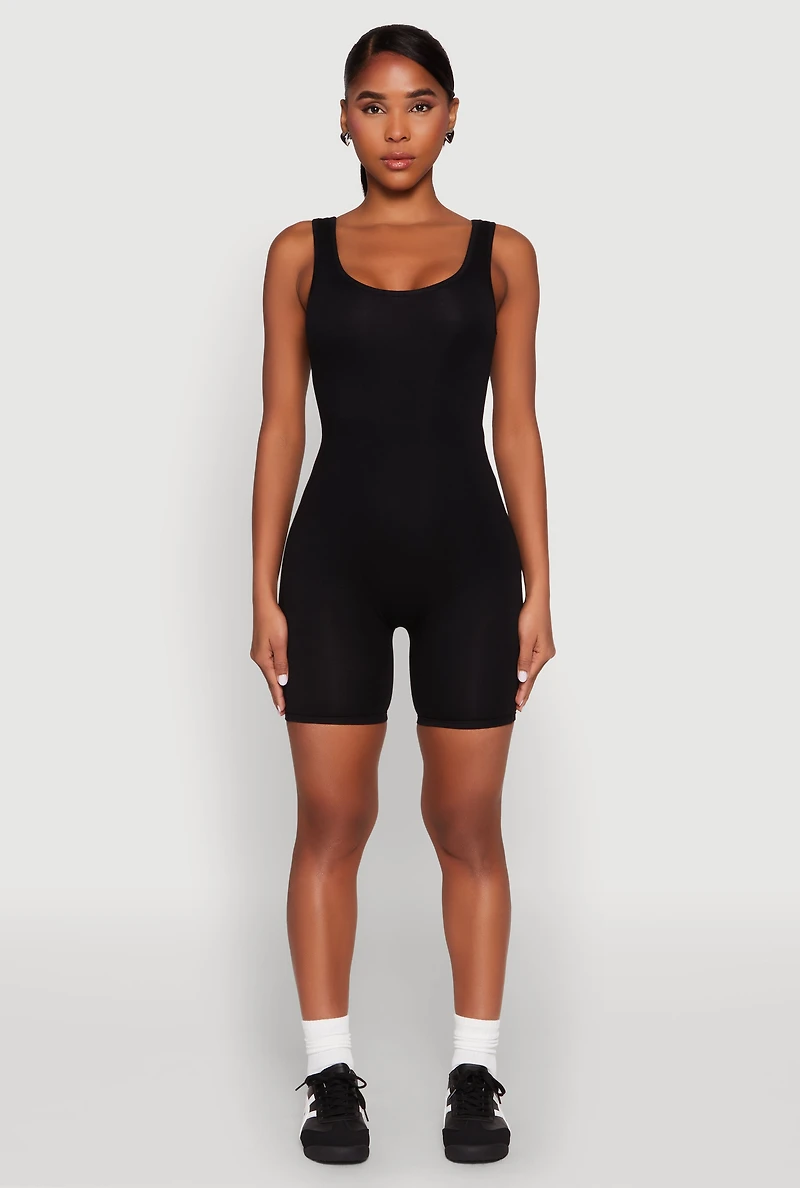 Womens Scoop Neck Tank Biker Romper, Black, Size M