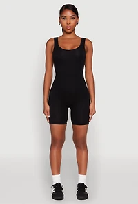 Womens Scoop Neck Tank Biker Romper, Black, Size M