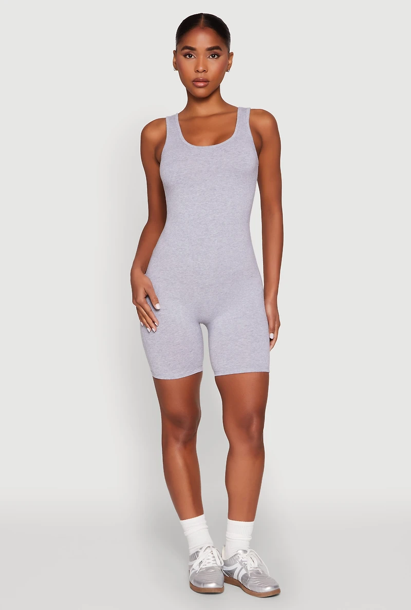 Womens Scoop Neck Tank Biker Romper, Grey, Size M