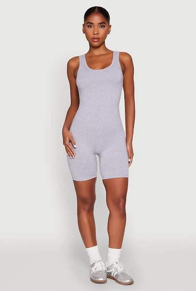 Womens Scoop Neck Tank Biker Romper, Grey, Size M