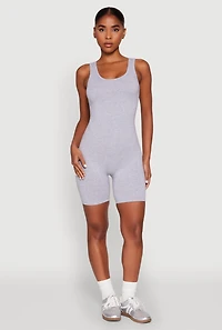 Womens Scoop Neck Tank Biker Romper, Grey, Size M