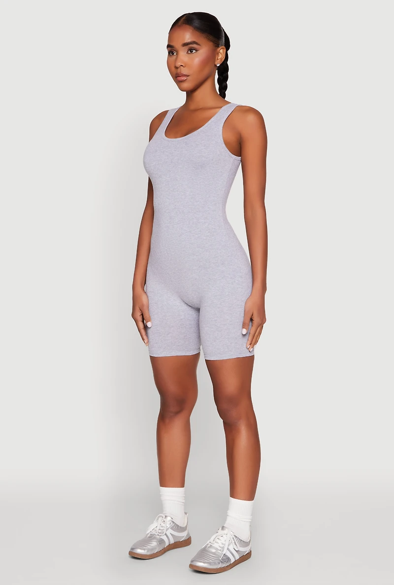 Womens Scoop Neck Tank Biker Romper, Grey, Size M