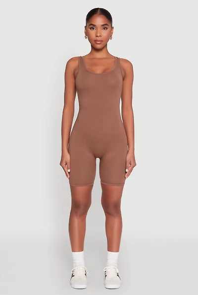 Womens Scoop Neck Tank Biker Romper, Brown, Size M