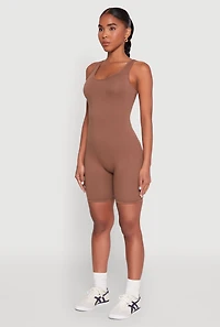 Womens Scoop Neck Tank Biker Romper, Brown, Size M