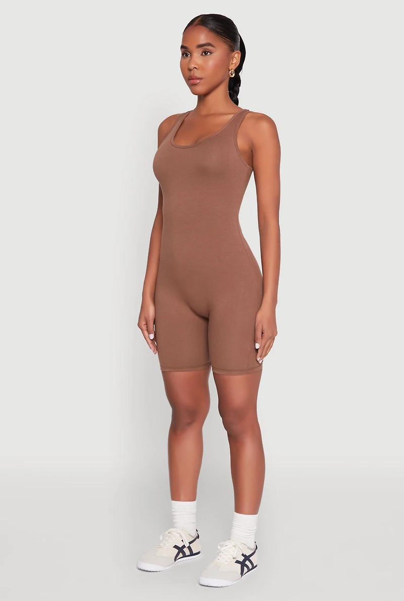 Womens Scoop Neck Tank Biker Romper, Brown,
