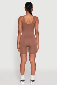 Womens Scoop Neck Tank Biker Romper, Brown,