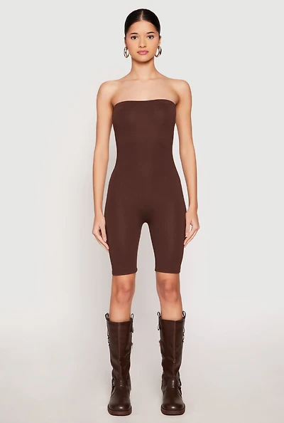 Womens Spandex Strapless Biker Romper, Brown, Size M