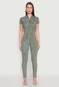 Womens Mineral Wash Half Zip Jumpsuit, Green, Size M