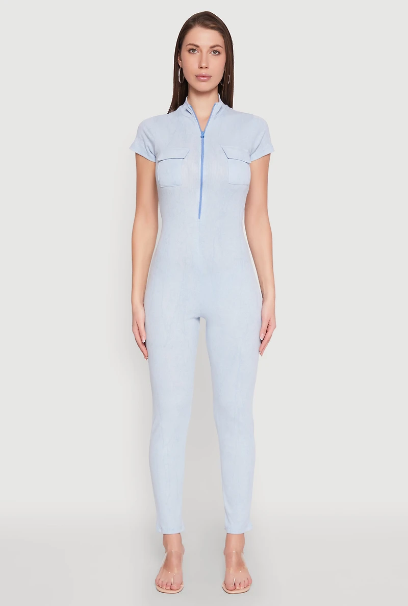 Womens Mineral Wash Half Zip Jumpsuit, Blue, Size L