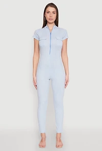 Womens Mineral Wash Half Zip Jumpsuit, Blue, Size L