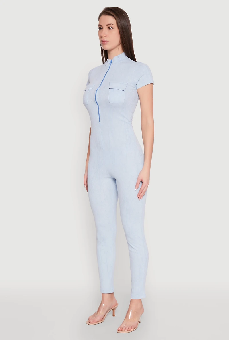 Womens Mineral Wash Half Zip Jumpsuit, Blue, Size L