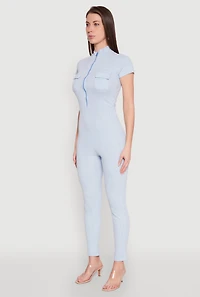 Womens Mineral Wash Half Zip Jumpsuit, Blue, Size L