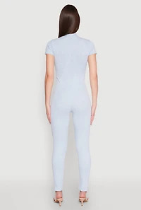 Womens Mineral Wash Half Zip Jumpsuit, Blue, Size L