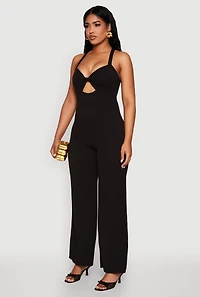 Womens Crepe Knit Twist Front Jumpsuit, Black,