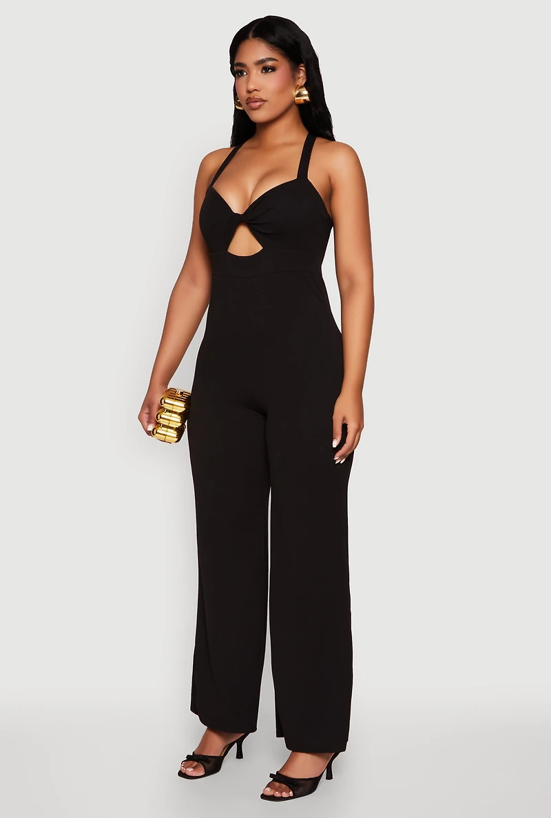 Womens Crepe Knit Twist Front Jumpsuit,