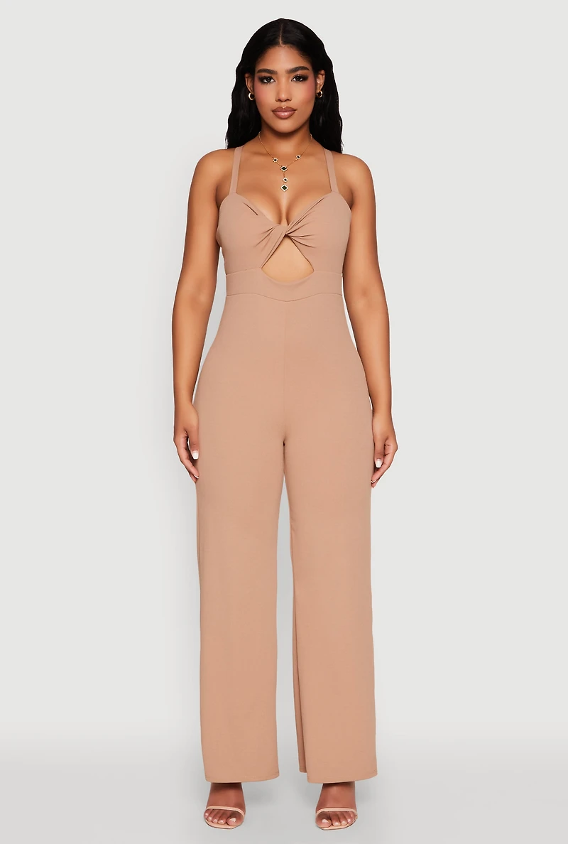Womens Crepe Knit Twist Front Jumpsuit, Beige, Size L