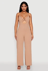 Womens Crepe Knit Twist Front Jumpsuit, Beige, Size L