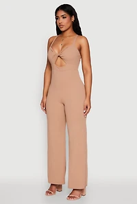 Womens Crepe Knit Twist Front Jumpsuit, Beige, Size L