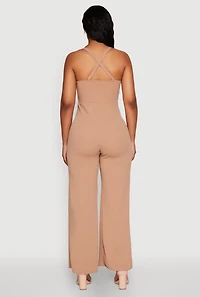 Womens Crepe Knit Twist Front Jumpsuit, Beige, Size L