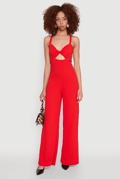 Womens Crepe Knit Twist Front Jumpsuit, Red, Size L