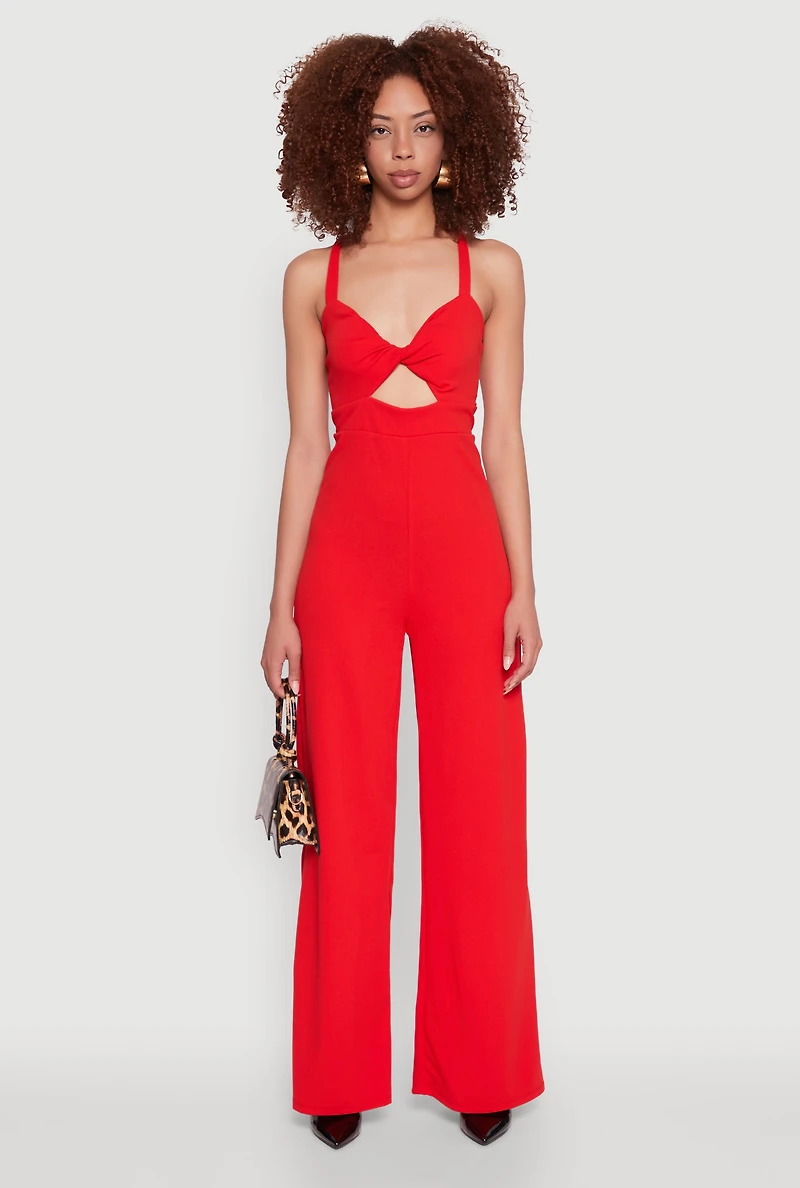 Womens Crepe Knit Twist Front Jumpsuit, Red, Size L