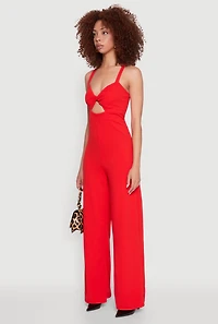 Womens Crepe Knit Twist Front Jumpsuit, Red, Size L