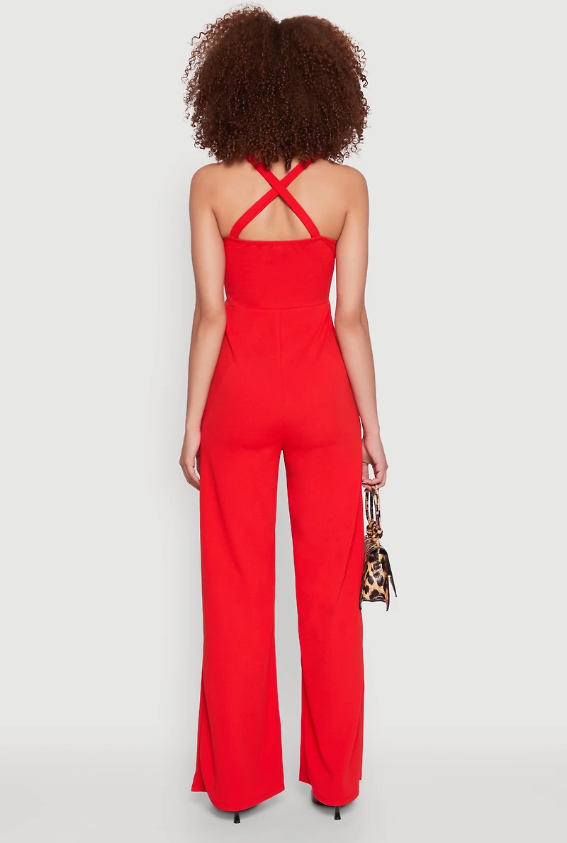 Womens Crepe Knit Twist Front Jumpsuit, Red, Size L