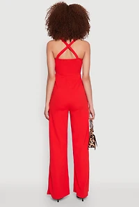 Womens Crepe Knit Twist Front Jumpsuit, Red, Size L