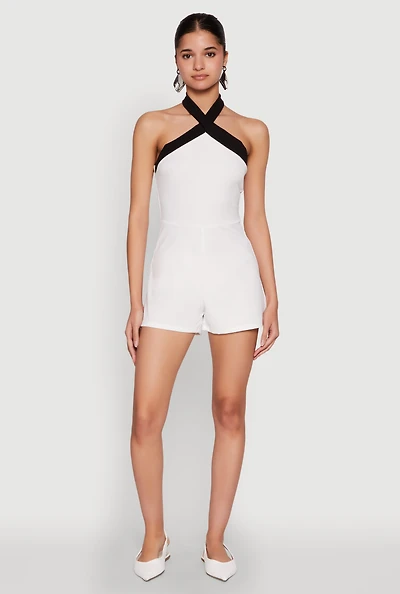 Womens Contrast Trim Halter Neck Romper, White, Size M