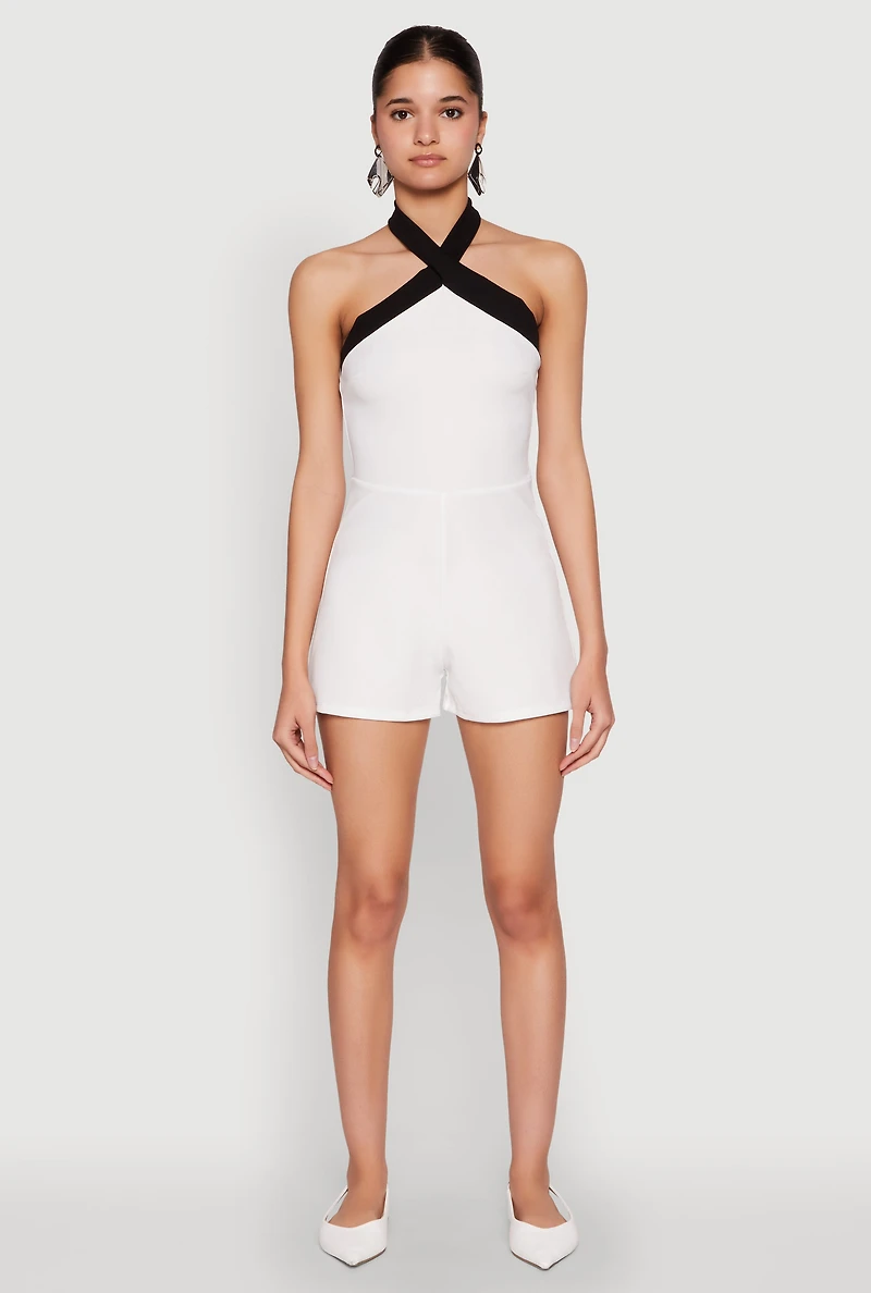 Womens Contrast Trim Halter Neck Romper, White, Size M