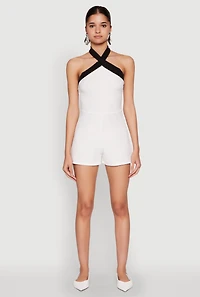 Womens Contrast Trim Halter Neck Romper, White, Size M
